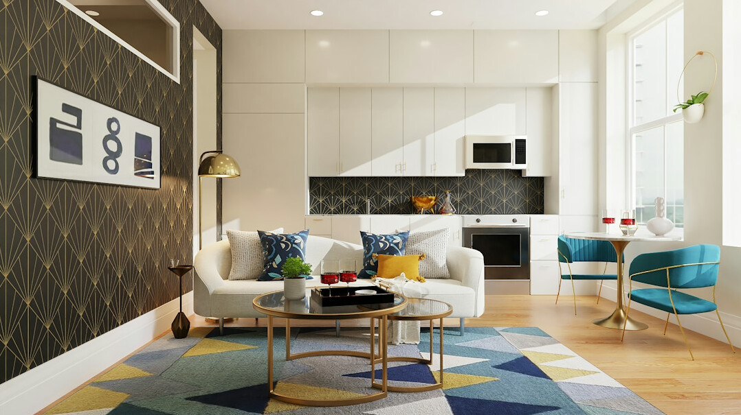 Retro living room with geometric wallpaper and vintage furniture